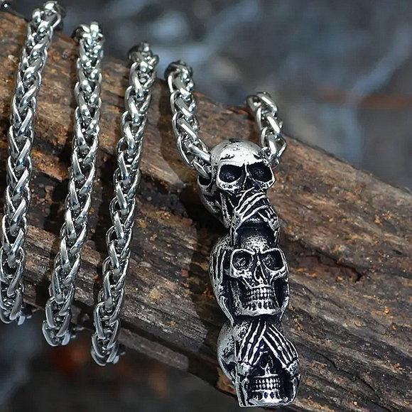 New! MEN'S See, Hear, Speak No Evil Skull Stack Pendant Necklace. - Picture 2 of 8